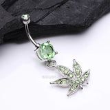 Detail View 2 of Marijuana Leaf Sparkle Belly Ring-Light Green