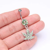 Detail View 3 of Marijuana Leaf Sparkle Belly Ring-Light Green