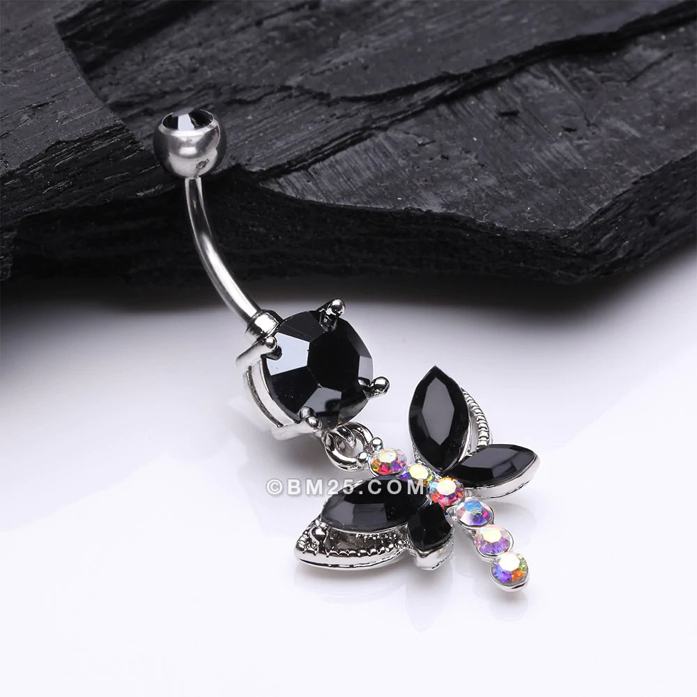 Detail View 2 of Dragonfly Glam Belly Ring-Black/Aurora Borealis