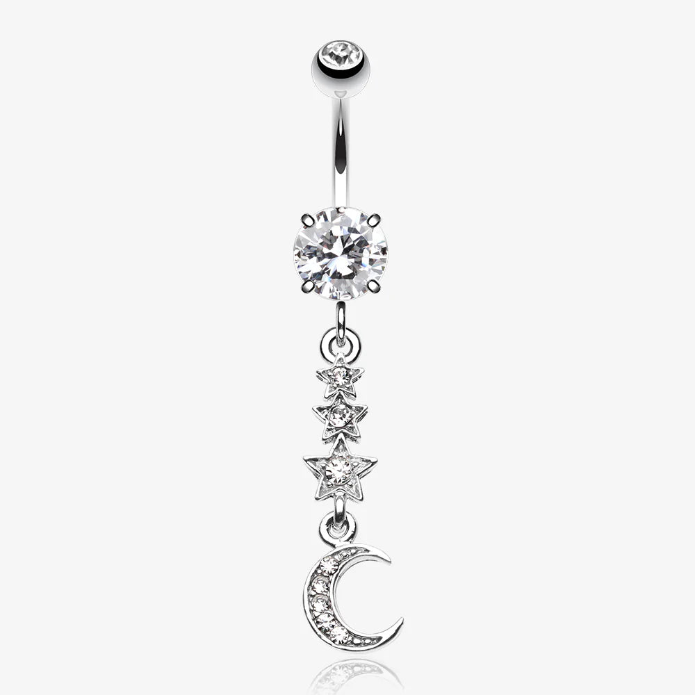 Beaming Stars and Moon Belly Button Ring-Clear Gem