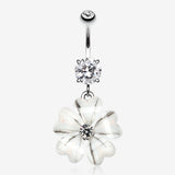 Shimmering Flower Heart Petal Sparkle Dangle Belly Ring-Clear Gem
