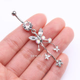 Detail View 3 of Butterfly Flower Garden Dangle Sparkle Belly Button Ring-Aurora Borealis/Clear Gem