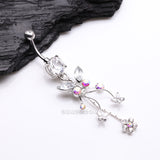 Detail View 2 of Butterfly Flower Garden Dangle Sparkle Belly Button Ring-Aurora Borealis/Clear Gem
