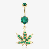 Golden Cannabis Leaf Sparkle Belly Ring-Green