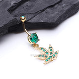 Detail View 2 of Golden Cannabis Leaf Sparkle Belly Ring-Green