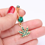 Detail View 3 of Golden Cannabis Leaf Sparkle Belly Ring-Green