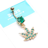 Detail View 4 of Golden Cannabis Leaf Sparkle Belly Ring-Green