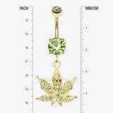 Detail View 1 of Golden Cannabis Leaf Sparkle Belly Ring-Light Green