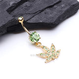 Detail View 2 of Golden Cannabis Leaf Sparkle Belly Ring-Light Green