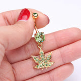 Detail View 3 of Golden Cannabis Leaf Sparkle Belly Ring-Light Green