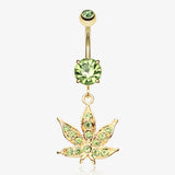 Golden Cannabis Leaf Sparkle Belly Ring-Light Green