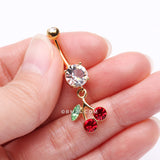 Detail View 3 of Golden Lucky Cherry Sparkle Belly Button Ring-Clear Gem/Red
