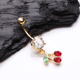 Detail View 2 of Golden Lucky Cherry Sparkle Belly Button Ring-Clear Gem/Red