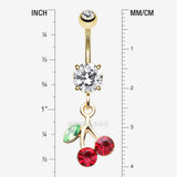 Detail View 1 of Golden Lucky Cherry Sparkle Belly Button Ring-Clear Gem/Red