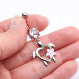 Detail View 3 of Hawaiian Flower Turtle Sparkle Belly Button Ring-Light Green/Clear Gem