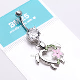 Detail View 4 of Hawaiian Flower Turtle Sparkle Belly Button Ring-Light Green/Clear Gem