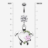 Detail View 1 of Hawaiian Flower Turtle Sparkle Belly Button Ring-Light Green/Clear Gem