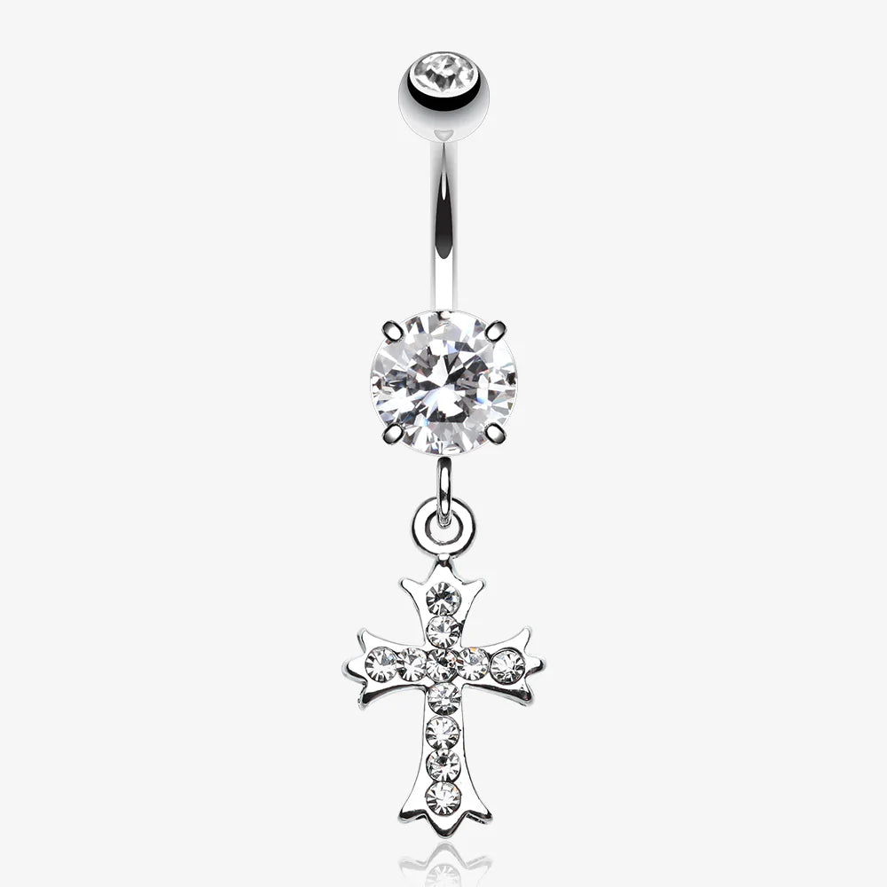 Cross Sparkle Dangle Belly Button Ring-Clear Gem