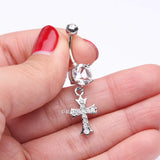 Detail View 3 of Cross Sparkle Dangle Belly Button Ring-Clear Gem