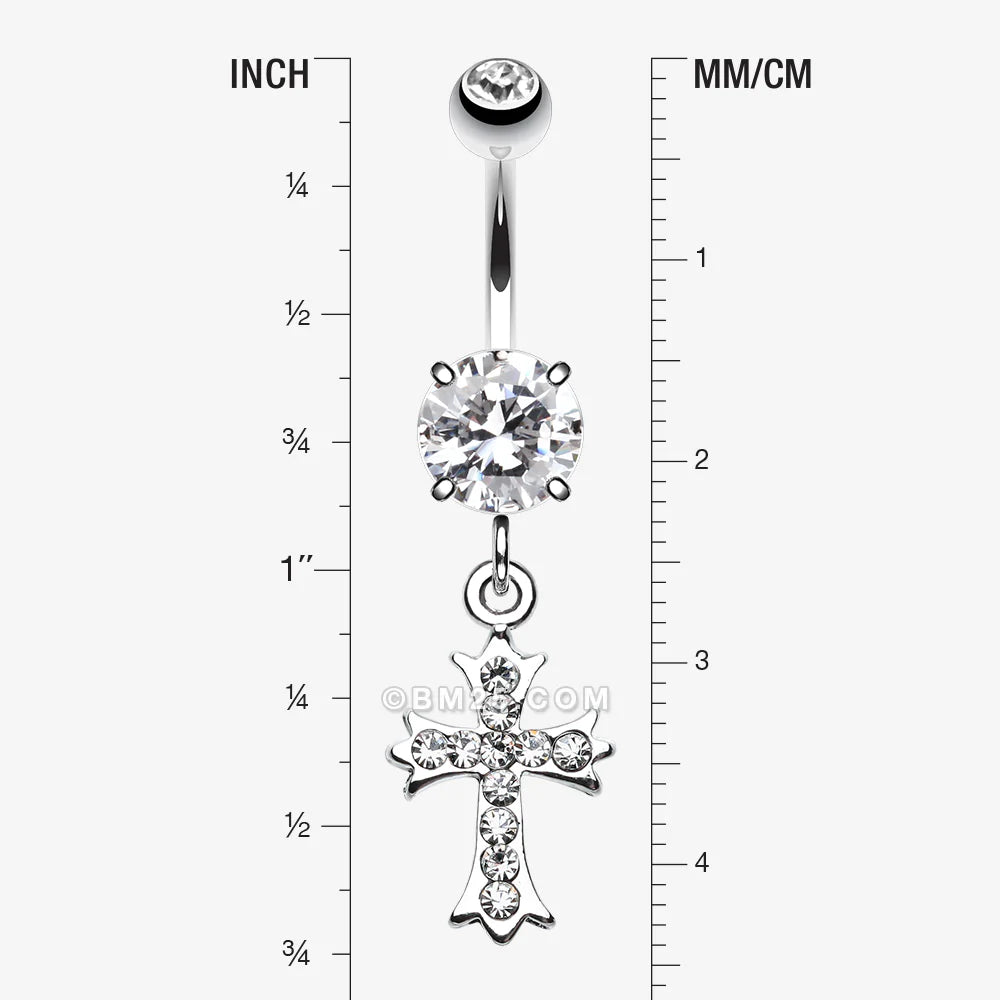 Detail View 1 of Cross Sparkle Dangle Belly Button Ring-Clear Gem