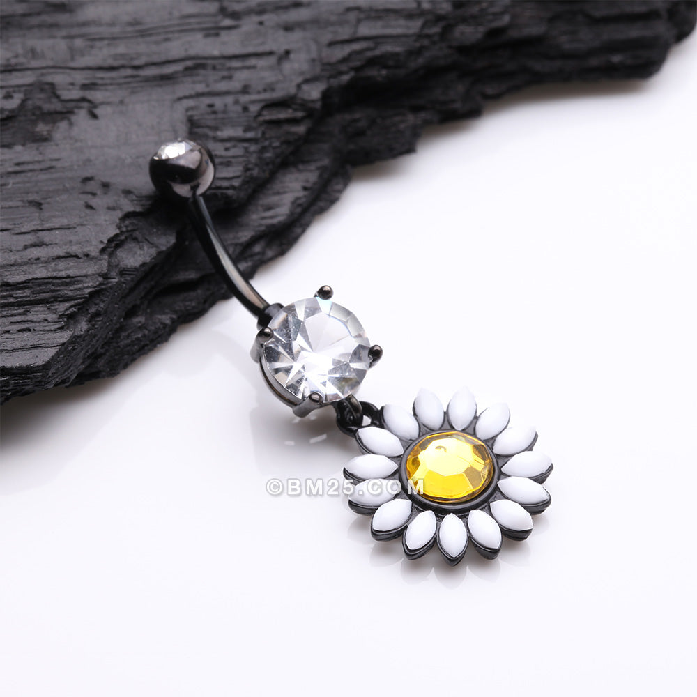 Detail View 2 of Blackline Daisy Marquise Flower Belly Button Ring-Yellow/Clear Gem