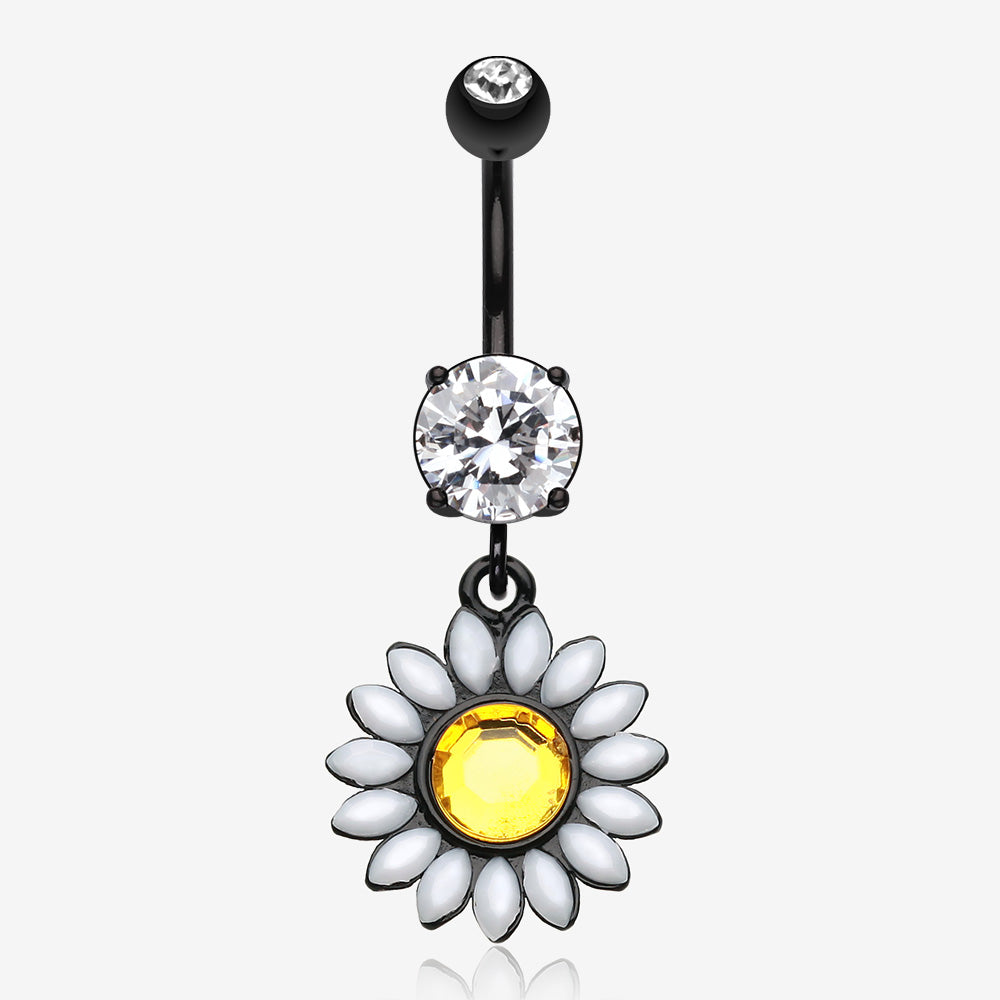 Blackline Daisy Marquise Flower Belly Button Ring-Yellow/Clear Gem