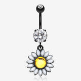 Blackline Daisy Marquise Flower Belly Button Ring-Yellow/Clear Gem
