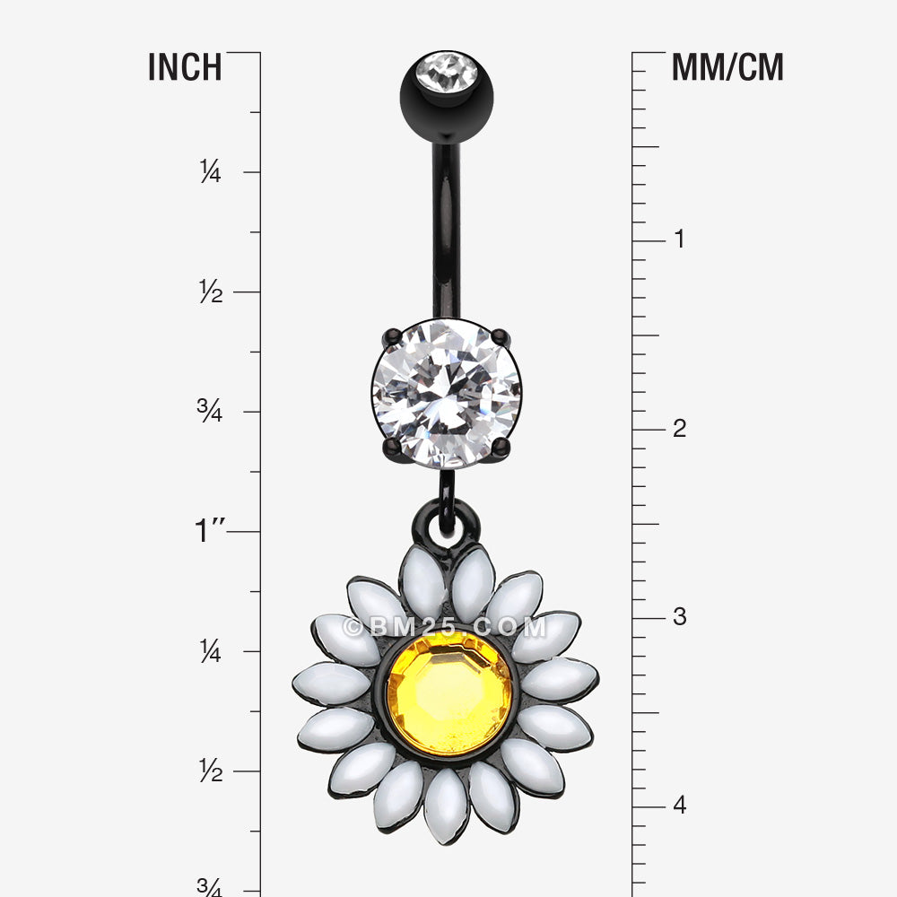 Detail View 1 of Blackline Daisy Marquise Flower Belly Button Ring-Yellow/Clear Gem