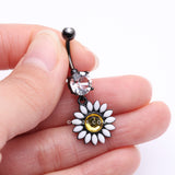 Detail View 3 of Blackline Daisy Marquise Flower Belly Button Ring-Yellow/Clear Gem