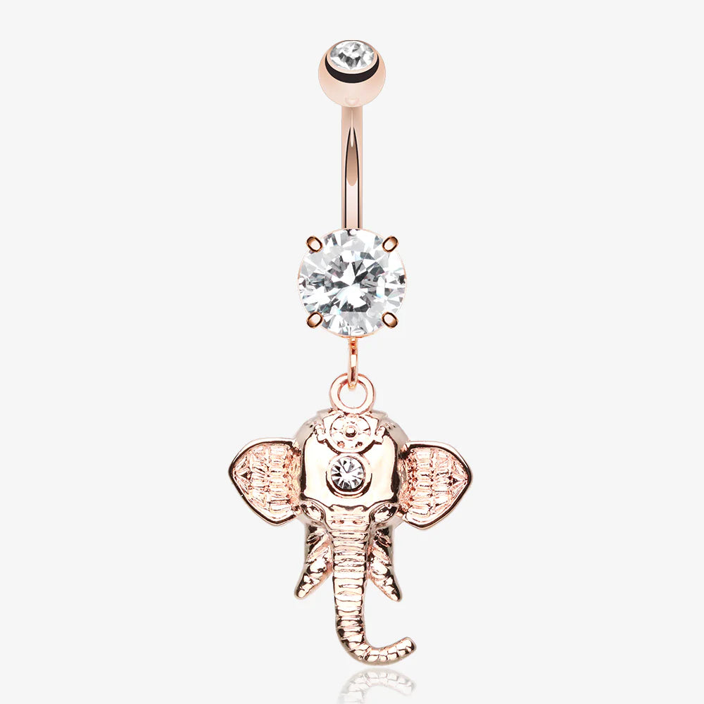 Rose Gold Shri Ganesha Elephant Belly Button Ring-Clear Gem