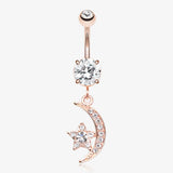Rose Gold Shining Star & Moon Belly Button Ring-Clear Gem