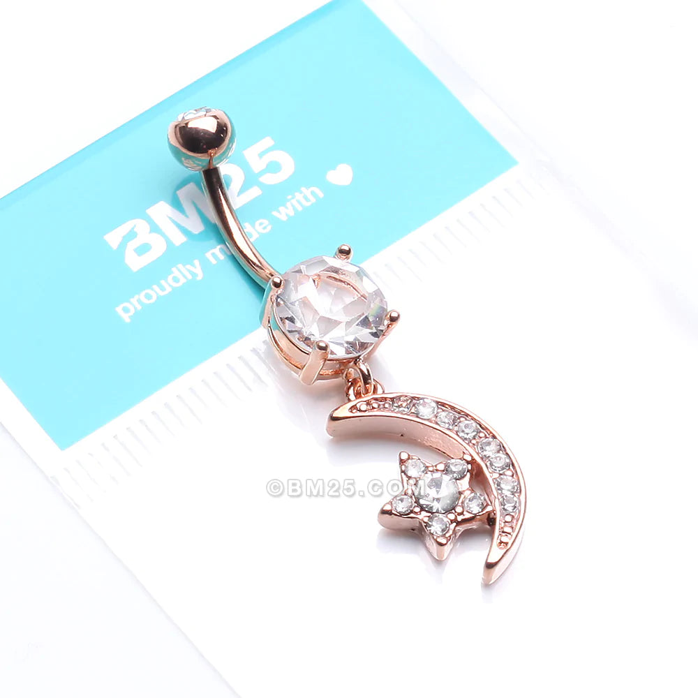Detail View 4 of Rose Gold Shining Star & Moon Belly Button Ring-Clear Gem