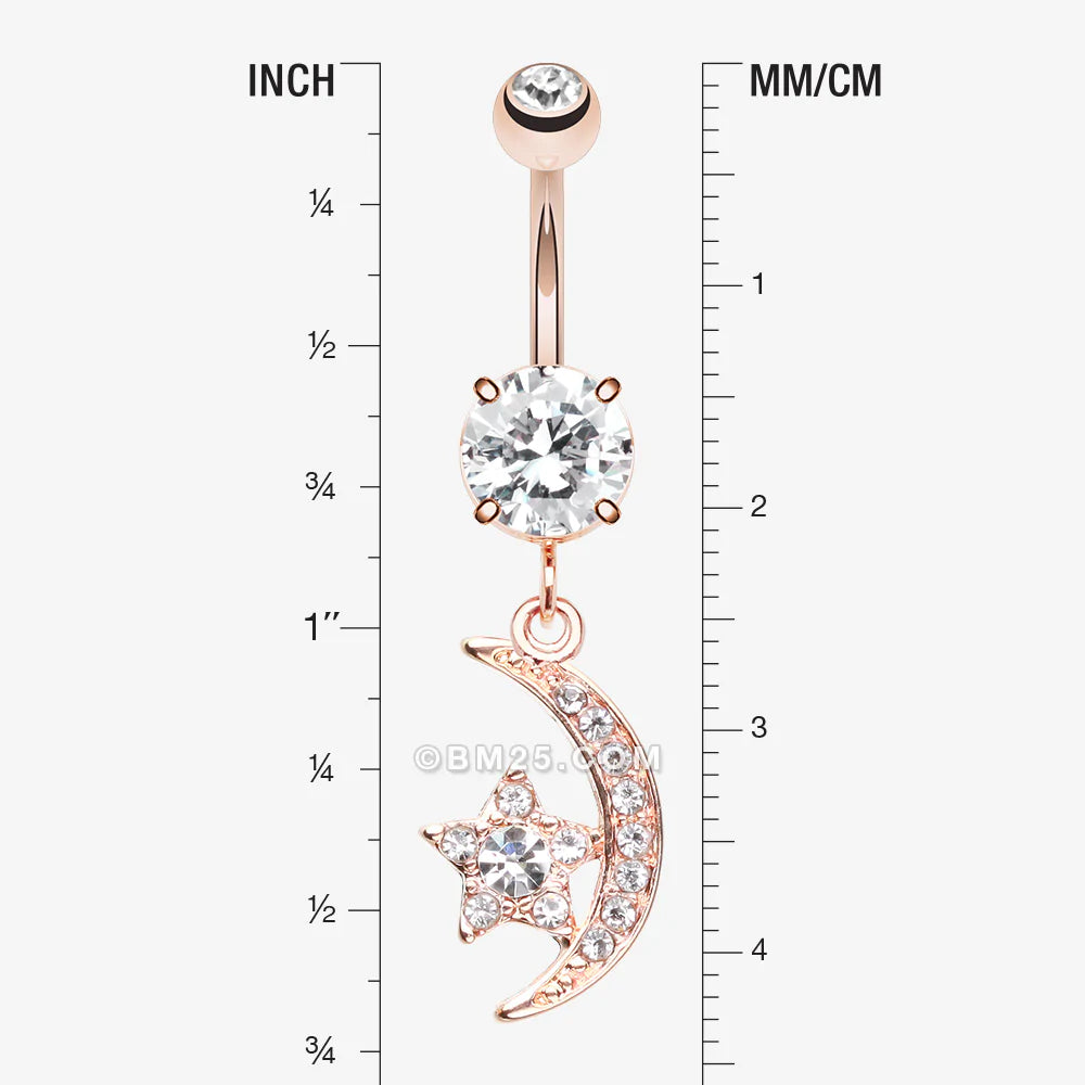 Detail View 1 of Rose Gold Shining Star & Moon Belly Button Ring-Clear Gem