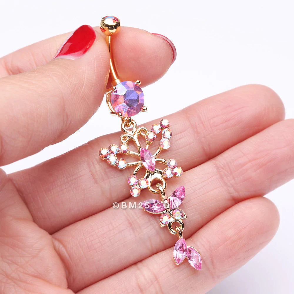 Detail View 3 of Golden Glam Butterfly Fall Fancy Belly Ring-Pink/Aurora Borealis