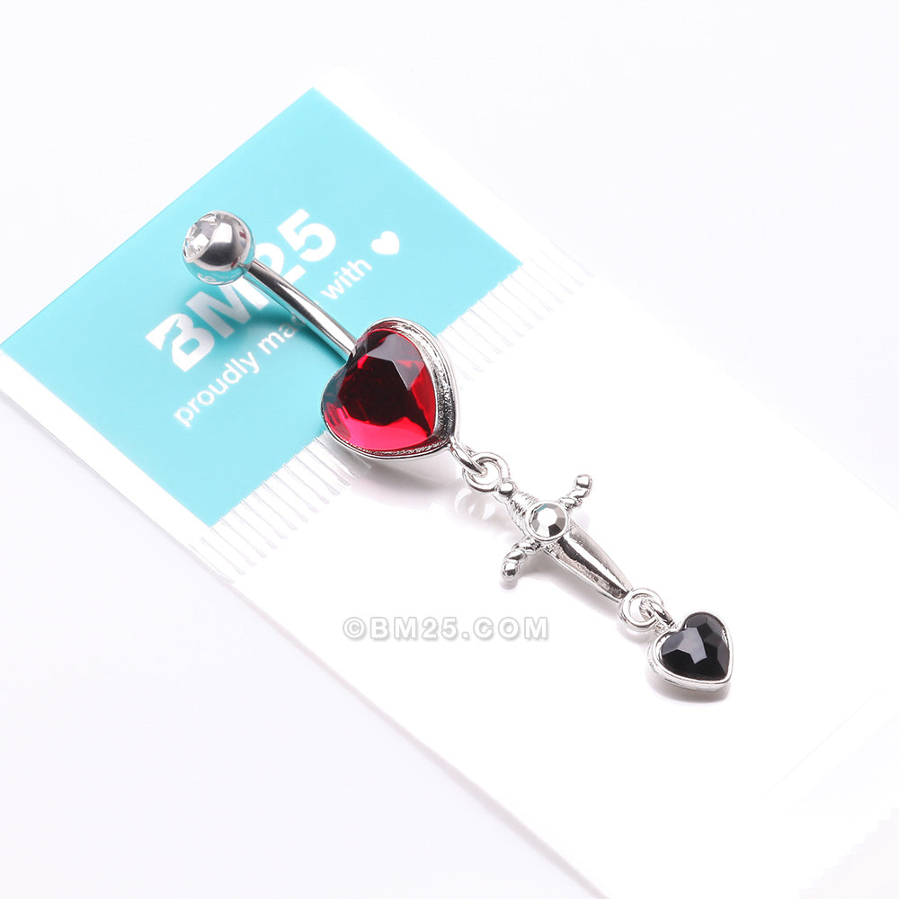 Detail View 4 of Dagger Heart Sparkle Dangle Belly Button Ring-Clear Gem/Red