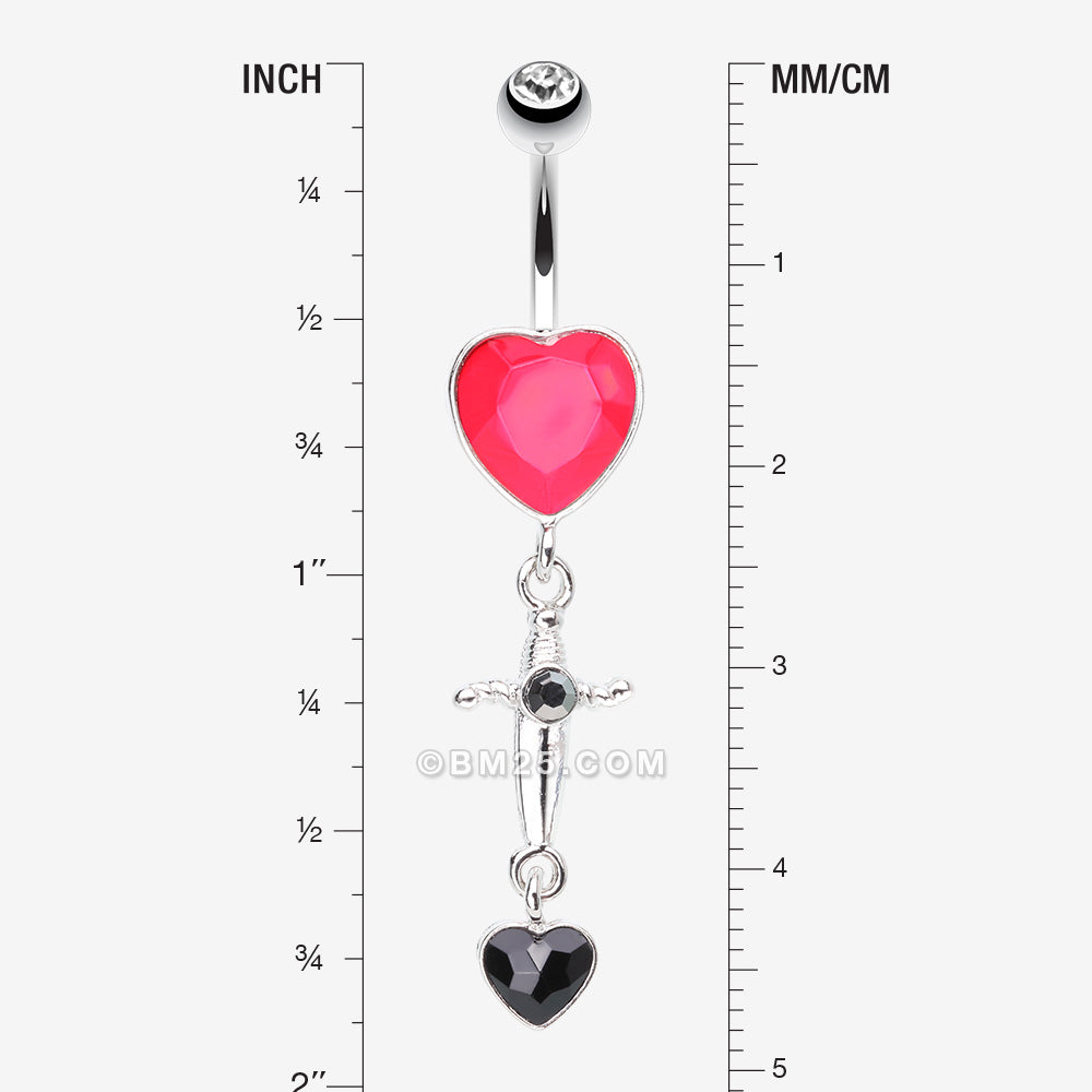 Detail View 1 of Dagger Heart Sparkle Dangle Belly Button Ring-Clear Gem/Red