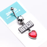 Detail View 4 of Bitch Heart Sparkle Dangle Belly Button Ring-Hematite/Red