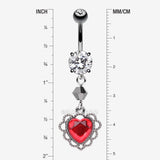 Detail View 1 of Victorian Goth Lace Heart Sparkle Dangle Belly Button Ring-Hematite/Clear Gem/Red