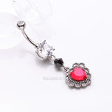 Detail View 2 of Victorian Goth Lace Heart Sparkle Dangle Belly Button Ring-Hematite/Clear Gem/Red