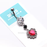 Detail View 4 of Victorian Goth Lace Heart Sparkle Dangle Belly Button Ring-Hematite/Clear Gem/Red