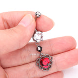 Detail View 3 of Victorian Goth Lace Heart Sparkle Dangle Belly Button Ring-Hematite/Clear Gem/Red