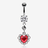 Victorian Goth Lace Heart Sparkle Dangle Belly Button Ring-Hematite/Clear Gem/Red