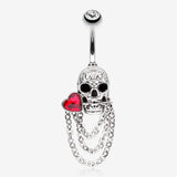 Death Skull Heart Sparkle Chained Dangle Belly Button Ring-Clear Gem/Red