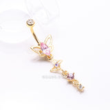 Detail View 2 of Golden Butterfly Elegance Sparkle Dangle Belly Button Ring-Clear Gem/Pink