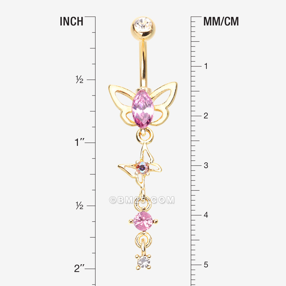 Detail View 1 of Golden Butterfly Elegance Sparkle Dangle Belly Button Ring-Clear Gem/Pink