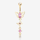 Golden Butterfly Elegance Sparkle Dangle Belly Button Ring-Clear Gem/Pink