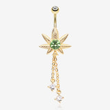 Golden Cannabis Pot Leaf Sparkle Chained Dangle Belly Button Ring-Clear Gem/Green