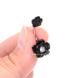 Detail View 3 of Double Rose Blossom Sparkle Belly Button Ring-Black/Clear Gem