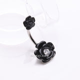 Detail View 2 of Double Rose Blossom Sparkle Belly Button Ring-Black/Clear Gem