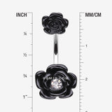 Detail View 1 of Double Rose Blossom Sparkle Belly Button Ring-Black/Clear Gem